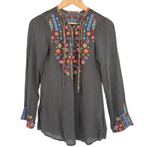 Johnny Was Embroidered Cupra Rayon Floral Tunic‎ Blouse Gray XS Boho Festival